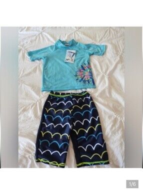 NWT Kanu Surf Aqua Rashguard with Navy Wave-Print Swim Shorts Sz 3T